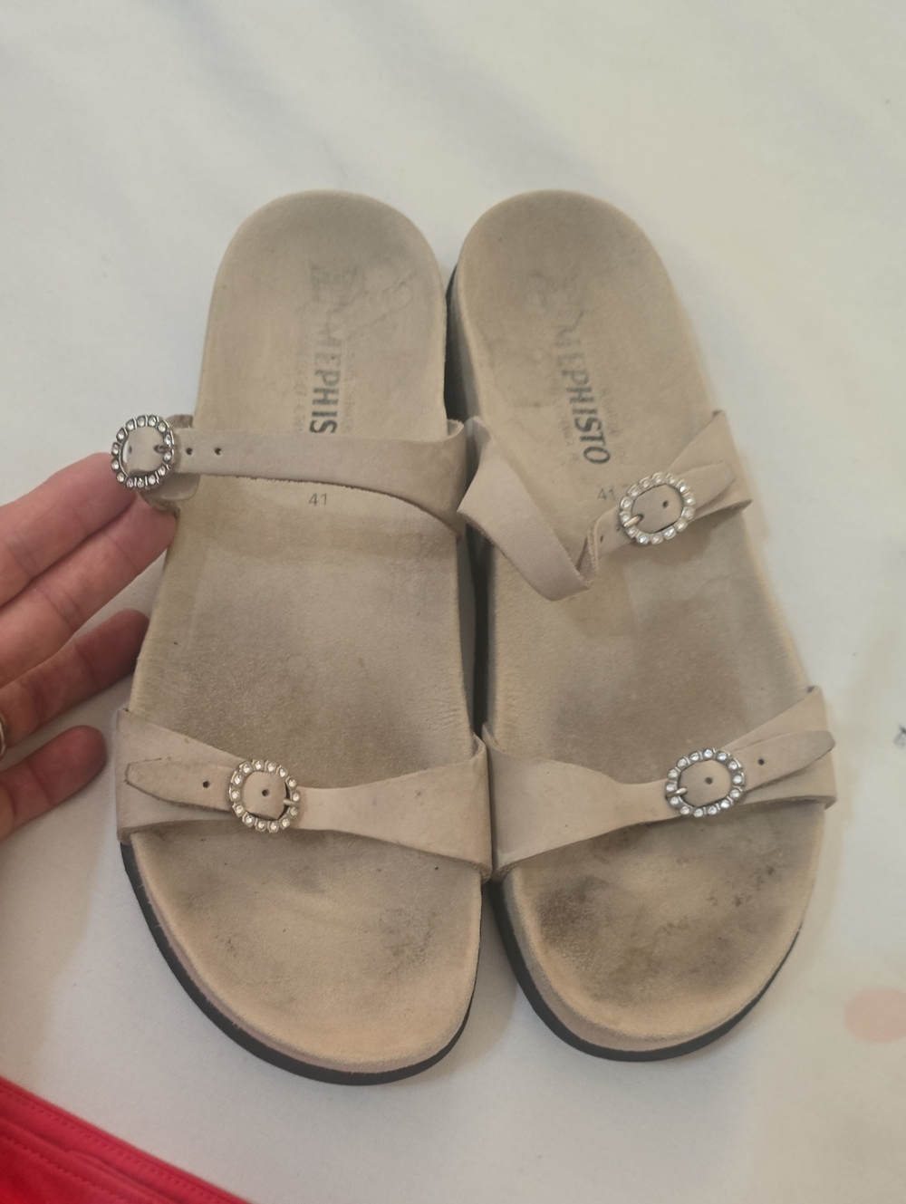 Mephisto Women's Beige Suede Slide Sandals with Crystal Buckles 41